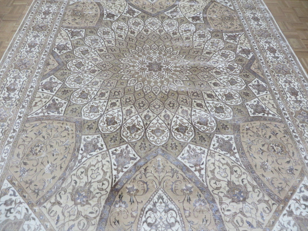 8'9x12, Hand-Knotted, Ivory Persian Tabriz Gombad With Silk Oriental Rug