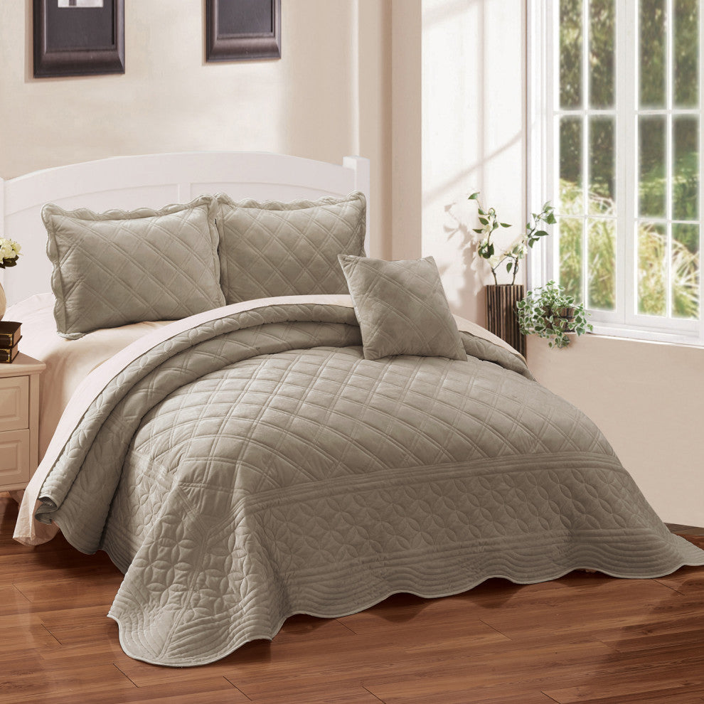 Supersoft Microplush Quilted 4-Piece Bed Spread Set, Oatmeal, Queen