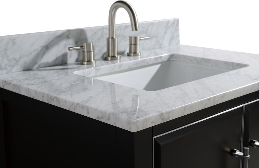 Mason 25" Vanity Combo, Black, Brushed Silver / Natural 1" Carrara White Marble Countertop and Backsplash