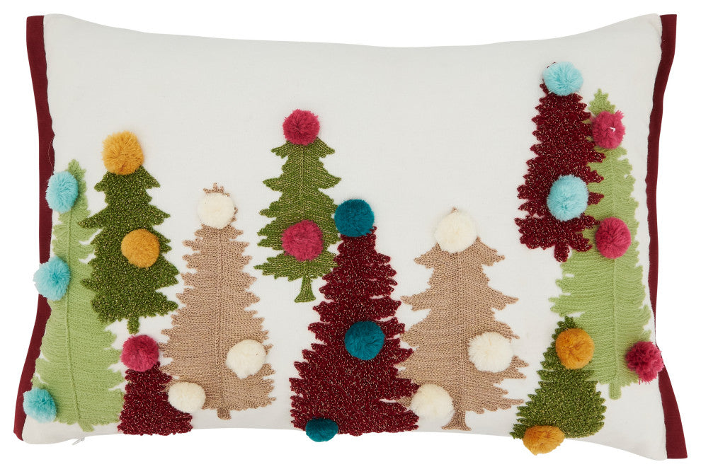 Holiday Cheer Pom Pom Christmas Trees Down Filled Throw Pillow, Multi, 14"x20"