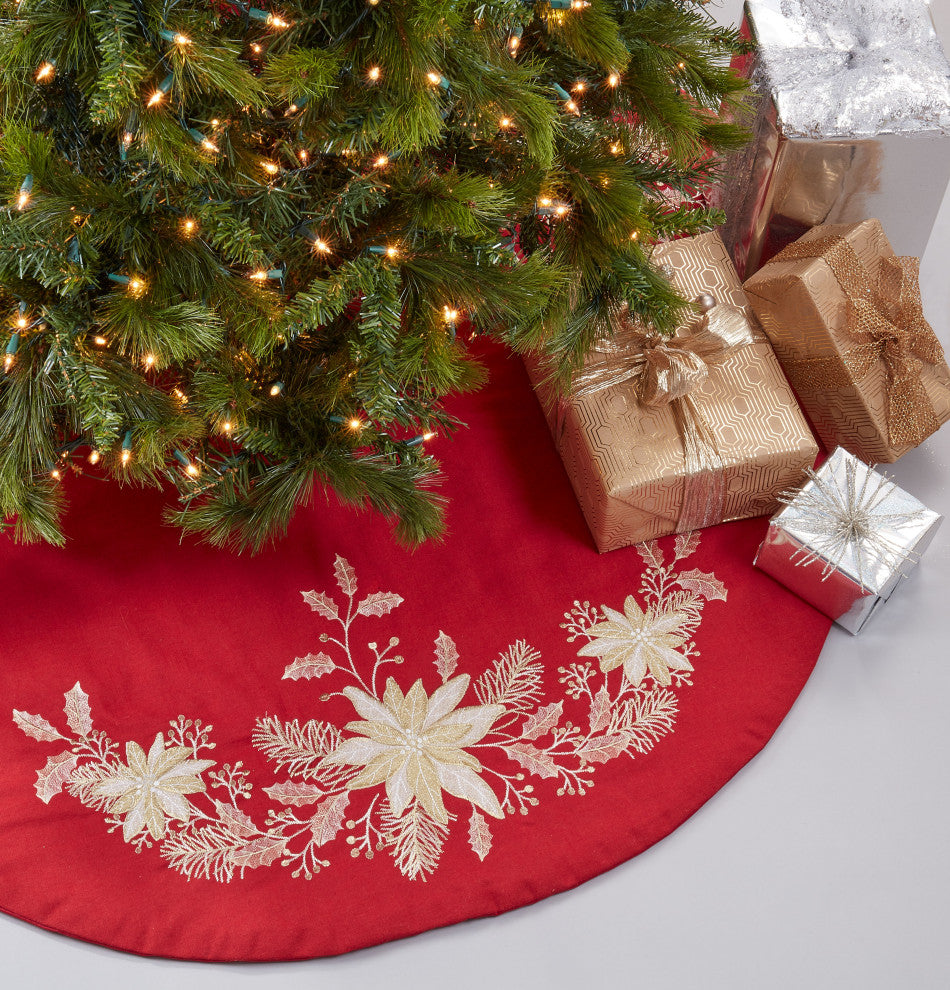 Christmas Tree Skirt With Embroidered Holly Design, Red, 72"x72"