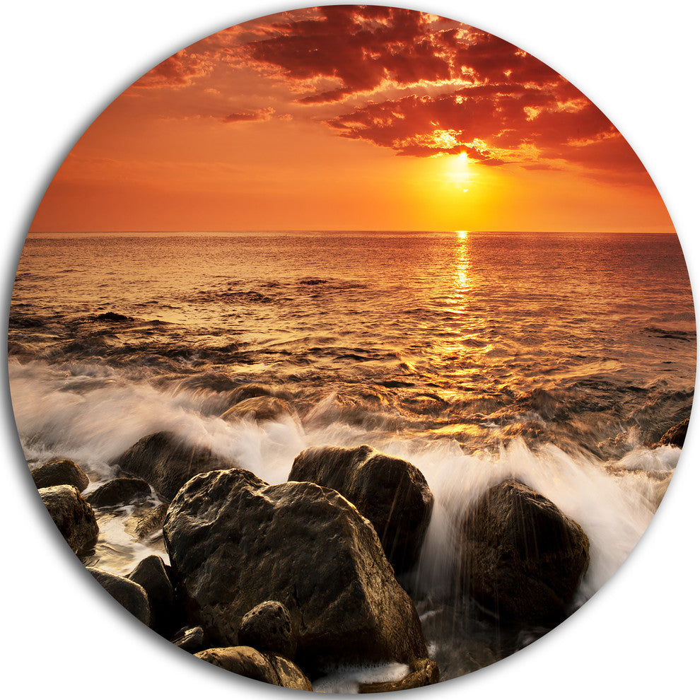 Bright Sunset Over Rocky Shore, Seashore Large Disc Metal Wall Art, 23"