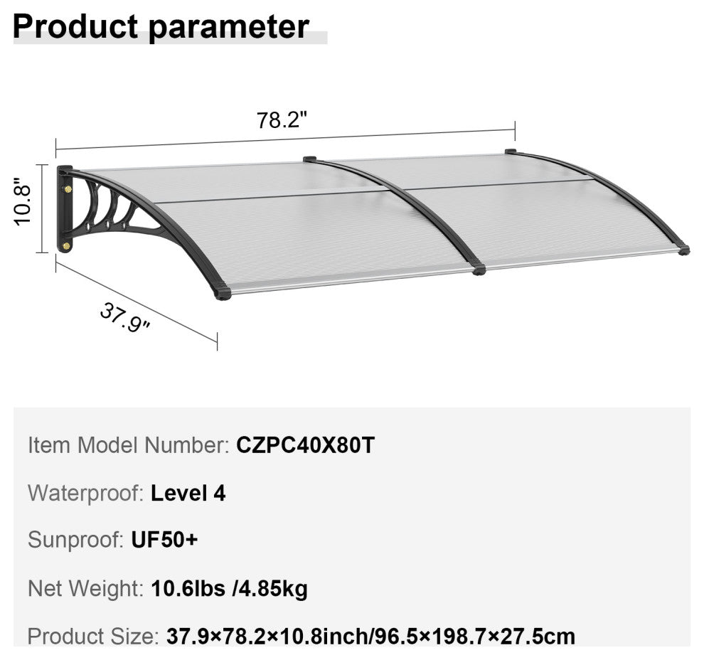 VEVOR Window Door Awning Canopy UV Rain Cover 38"x78" PC Sheet transparent