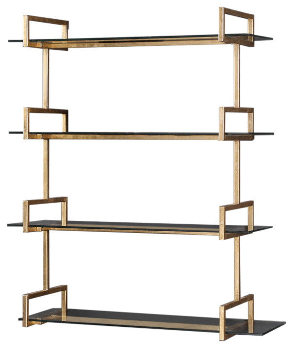 Iron Glass Wall Shelf Antiqued, Gold Metal Vintage Style 4 Shelves