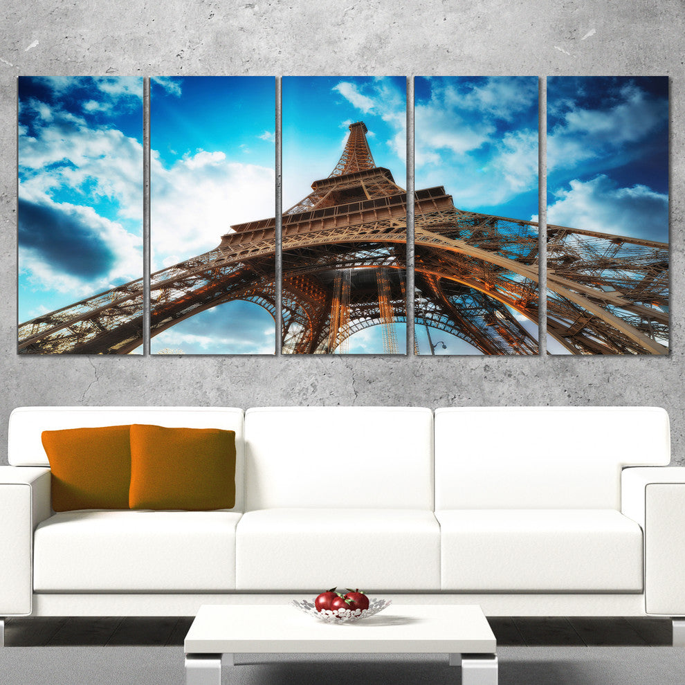 "Beautiful Paris Eiffel Tower Under Blue Sky" Cityscape Art, 60"x28", 5-Panels