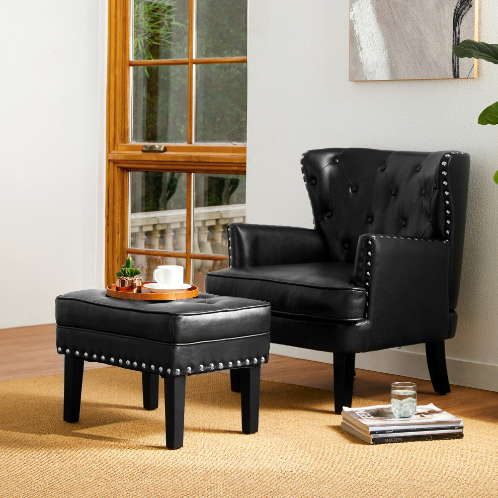 Set of 2 Accent Chair and Accent Stool, Black