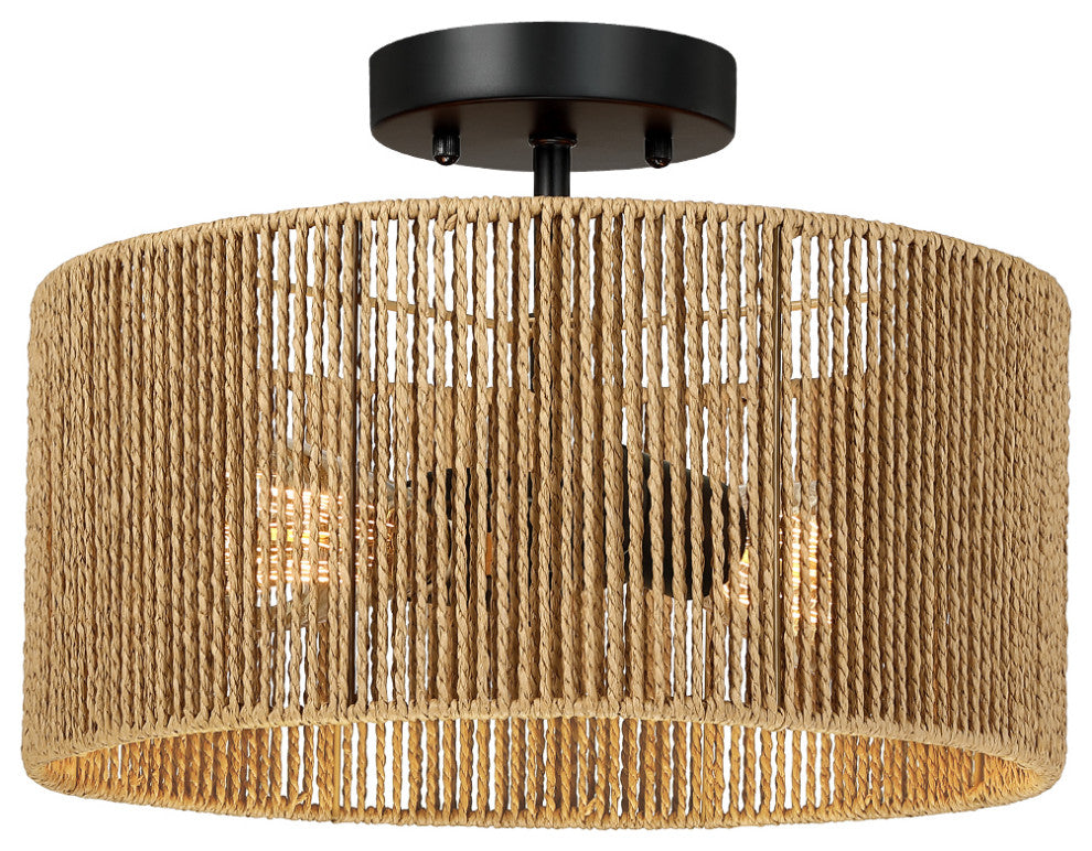 14" W 2-Light Woven Rope Drum Semi-Flush Mount Ceiling Light, Natural