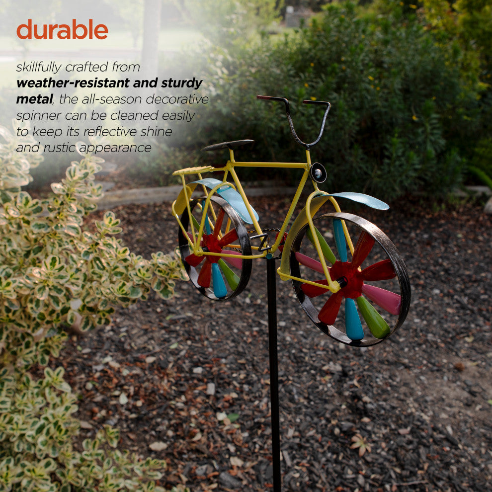 42" Tall Outdoor Metal Bicycle Wind Spinner Garden Stake Decoration, Multicolor