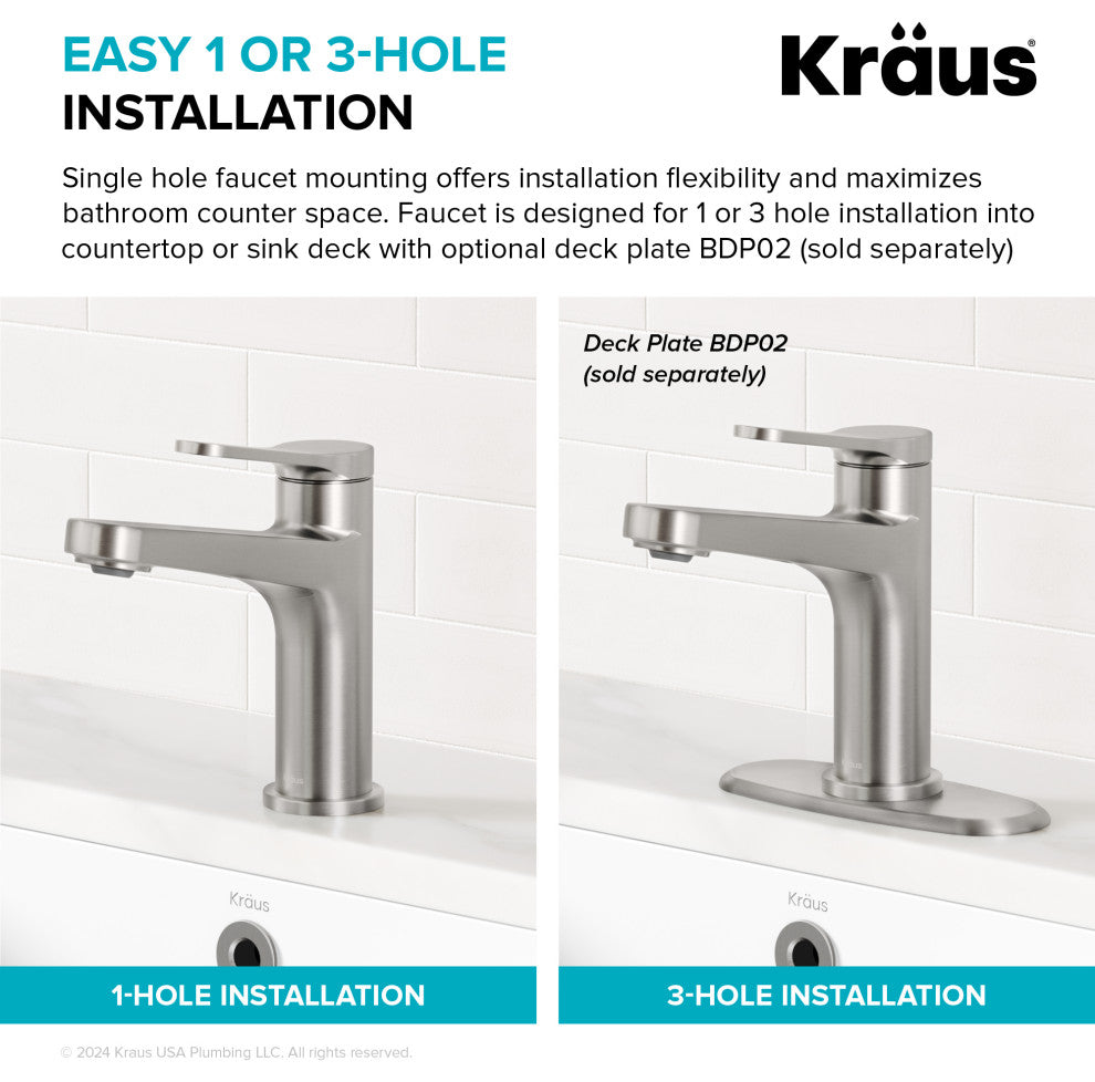 KRAUS Indy Single Handle Basin Bathroom Faucet Spot Free BBMB, Pop Up Drain