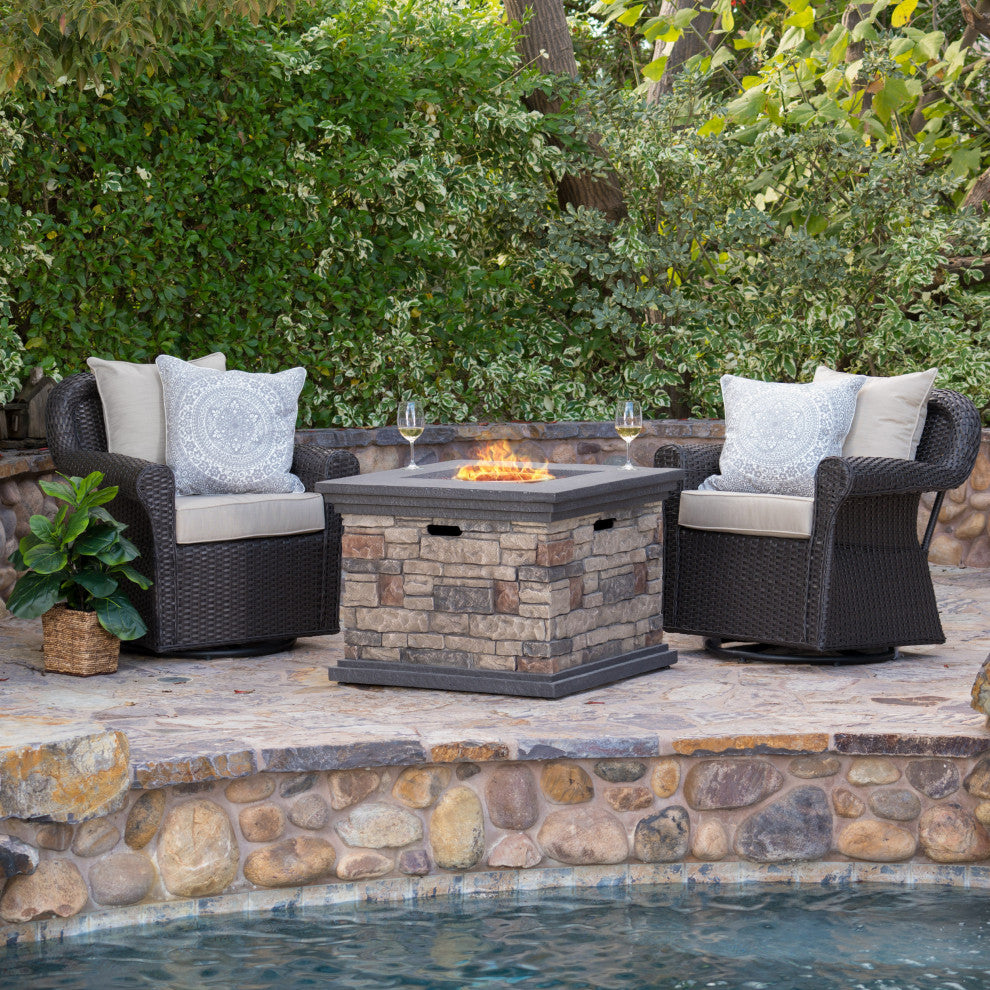 GDF Studio 3-Piece Augusta Outdoor Wicker Rocker and Gas Firepit Set, Stone