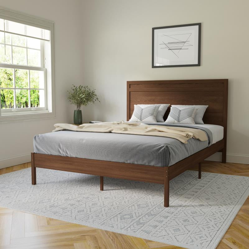 Kingston Solid Wood Platform Bed with Wooden Slats and Headboard, Brown, Queen