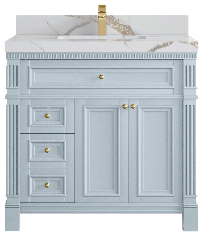 Paris 36" Center Sink Bathroom Vanity, Blue Heather 2" Calacatta Gold