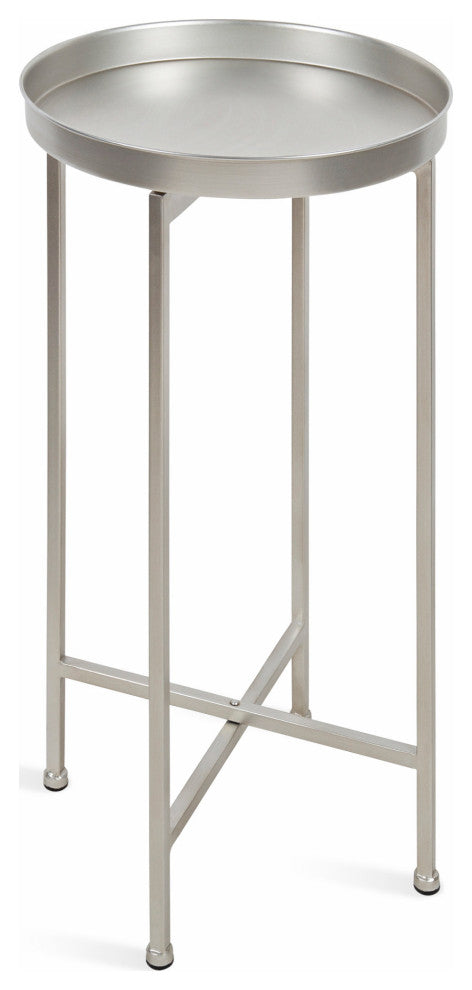 Celia Round Metal Foldable Tray Accent Table, Silver 14x14x25.75