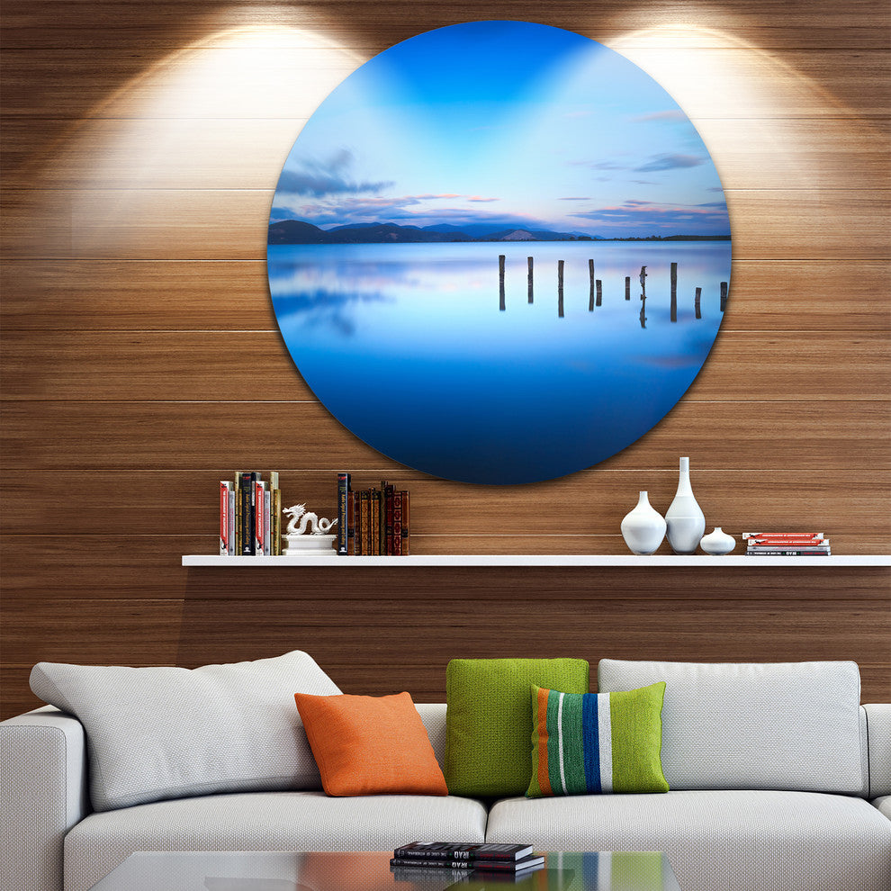 Jetty Remains In Blue Sea, Seascape Photo Round Wall Art, 36"