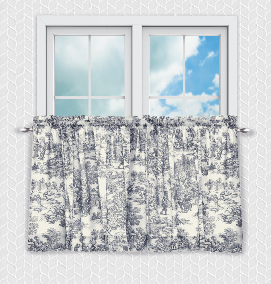 Ellis Curtain Victoria Park Toile 68"x24" Tailored Tier Curtains, Blue, Blue