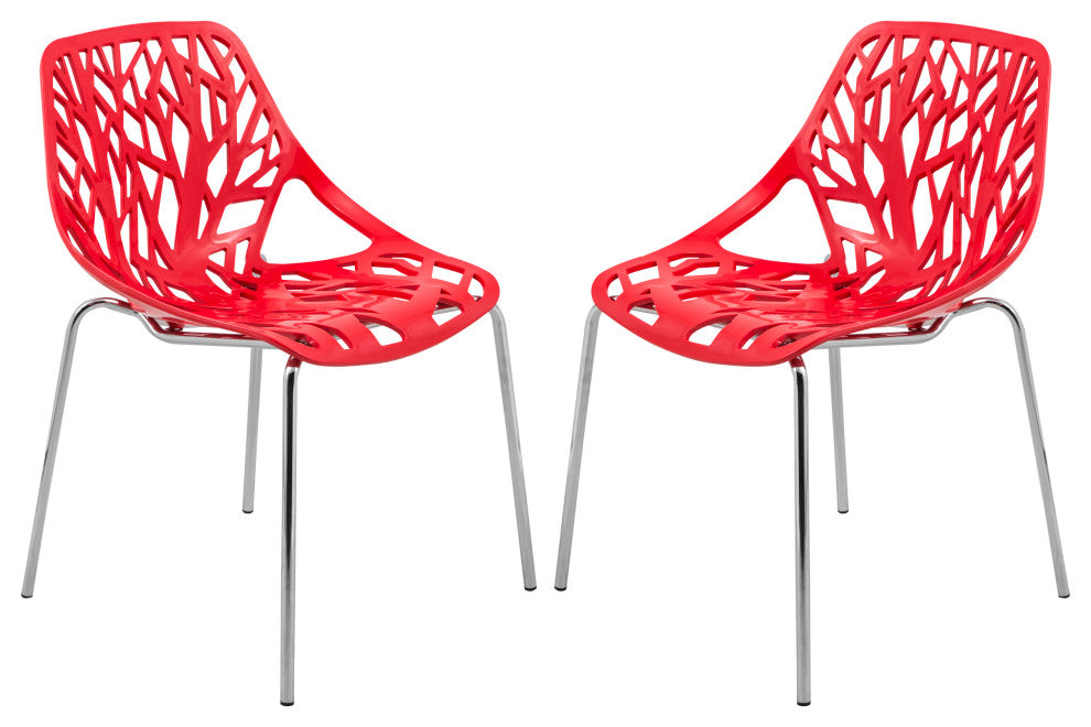 Leisuremod Asbury Plastic Stackable Dining Chair With Chromed Legs, Set of 2, Red