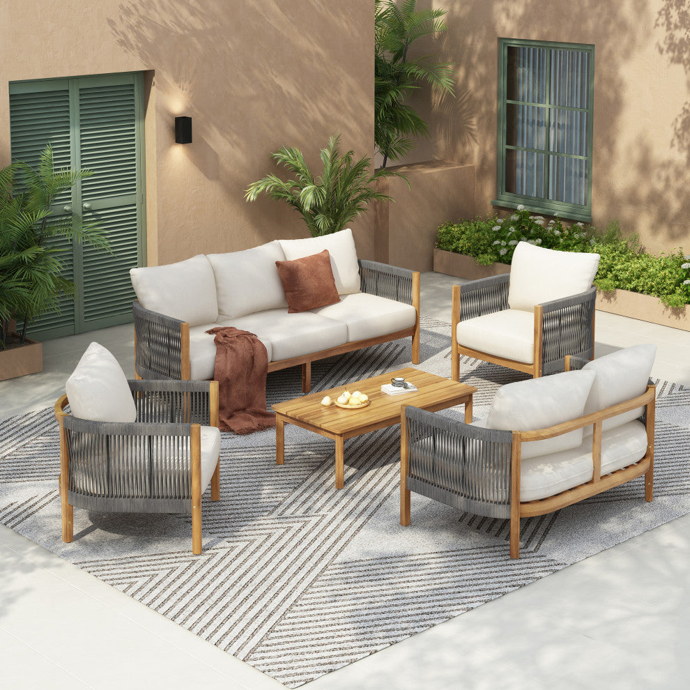 GDF Studio Outdoor 5-Piece Acacia Wood Patio Chat Set, Teak/Gray/Beige
