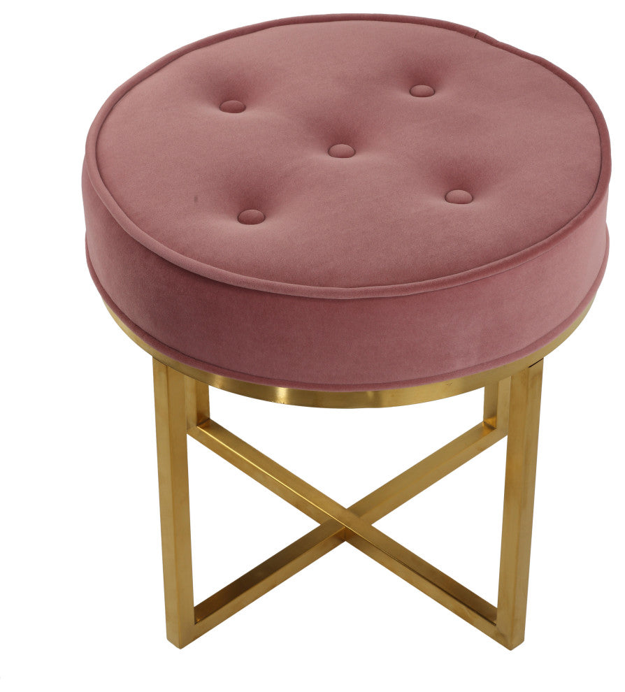 Cortesi Home Rosa Round Ottoman, Blush Pink Velvet With Brushed Gold Steel