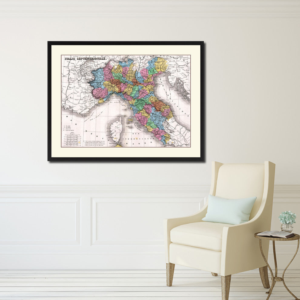 North Italy Vintage Map Print On Canvas With Picture Frame 28" X 37"
