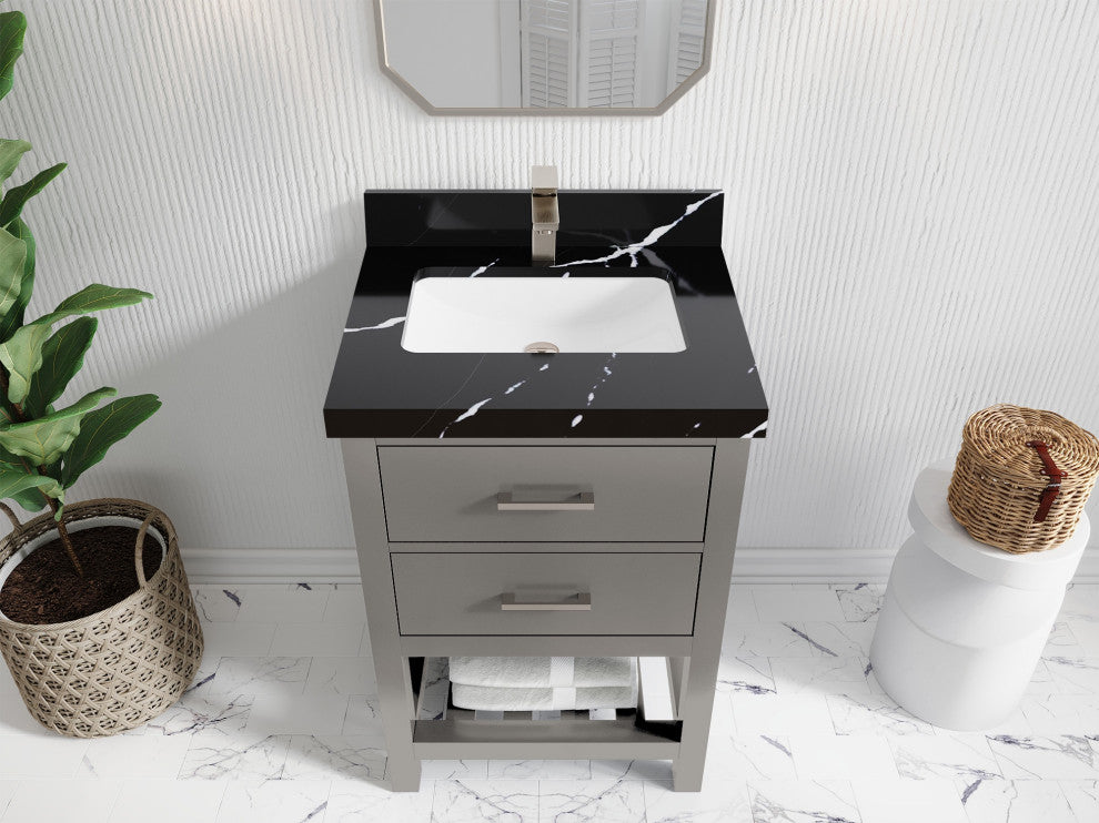 Parker 24" Single Sink Bath Vanity, Elephant Skin Gray 2" Calacatta Black