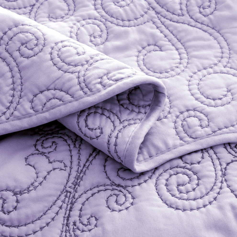 Damask Embroidered Quilted 4 Piece Bed Spread Sets, Lavender, King