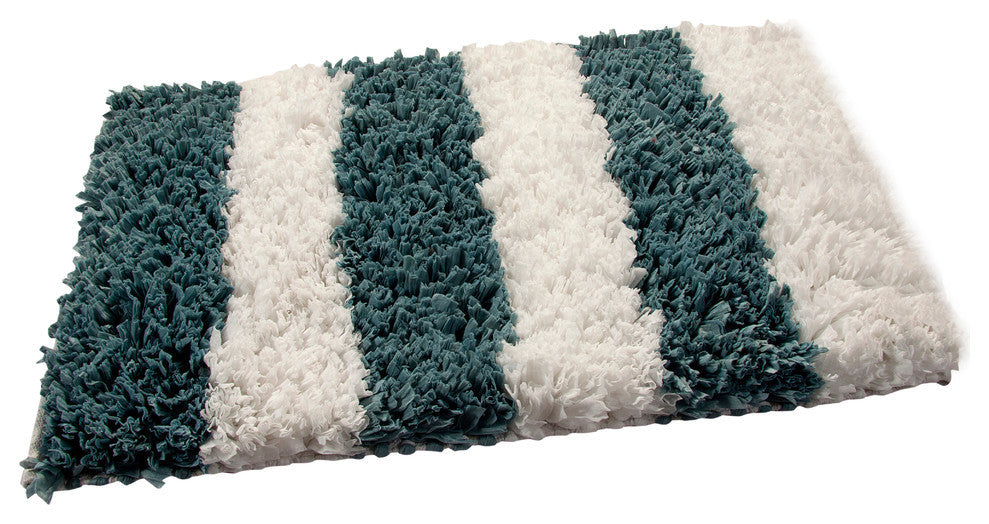 Bath Rug Polyester/Viscose/Cotton Hand Loom Woven, 34"x21", White and Blue