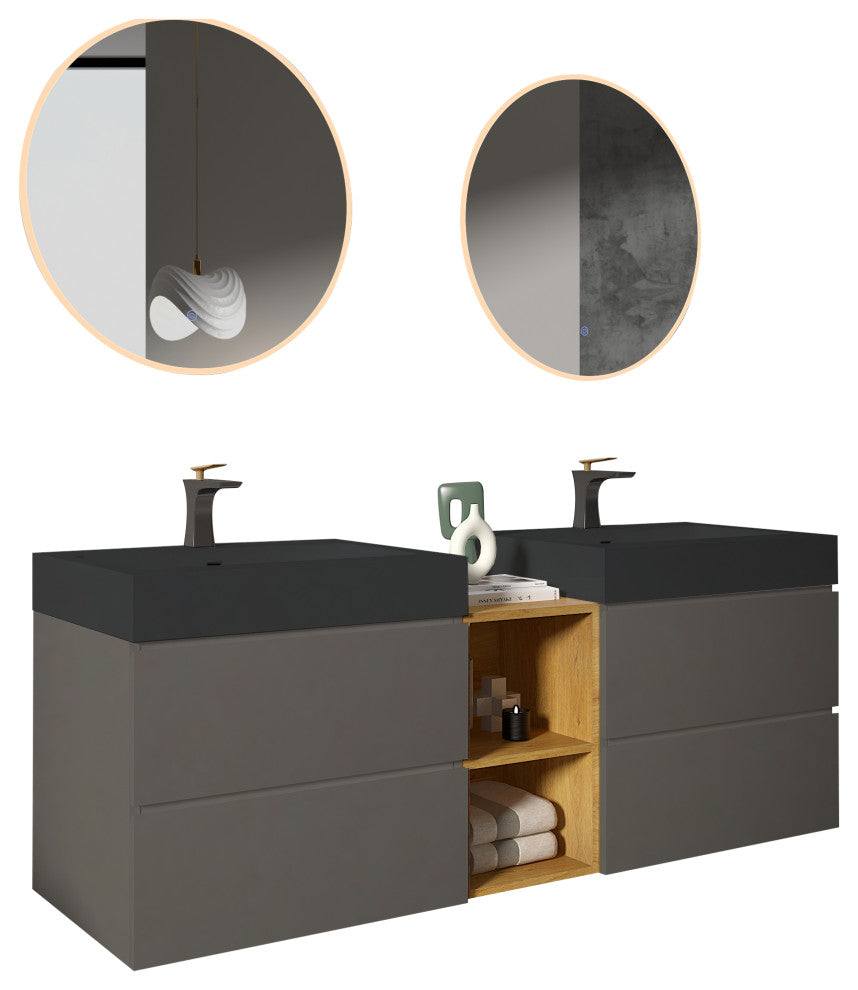 Wall-Mounted Bathroom Vanity with Double Sinks and Open Shelf, Light Gray, 72"