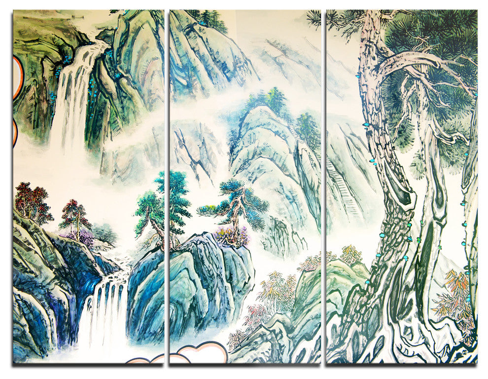 "Blue Chinese Landscape Painting" Metal Wall Art, 3 Panels, 36"x28"