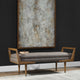 Midcentury Modern Exposed Wood Frame Bench, Tufted Gray Brown Retro Long