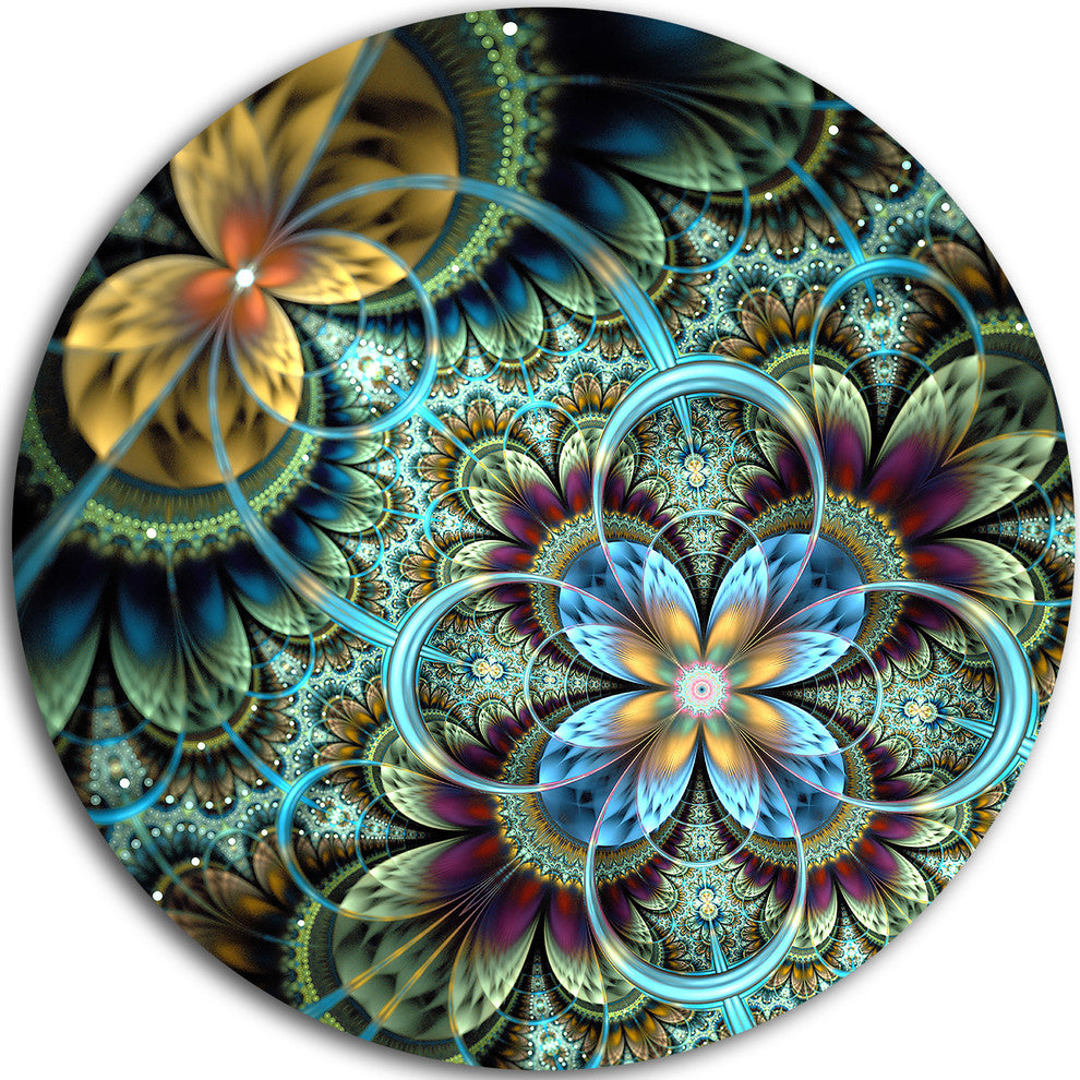 Fractal Dark Orange Blue Flowers, Floral Large Disc Metal Wall Art, 36"