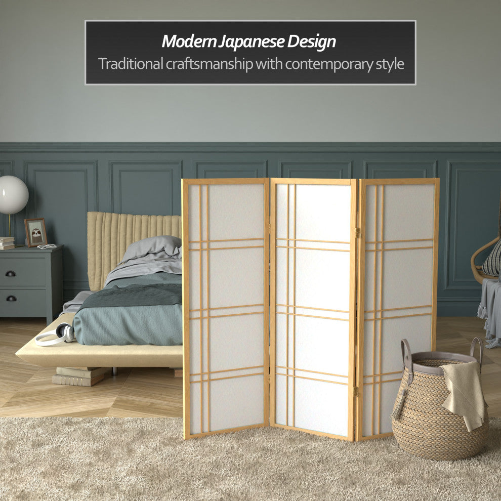 4' Tall Double Cross Shoji Screen, Natural, 3 Panels
