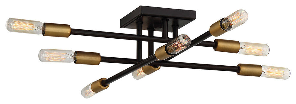 8-Light Semi-Flush Mount, Bronze and Brass