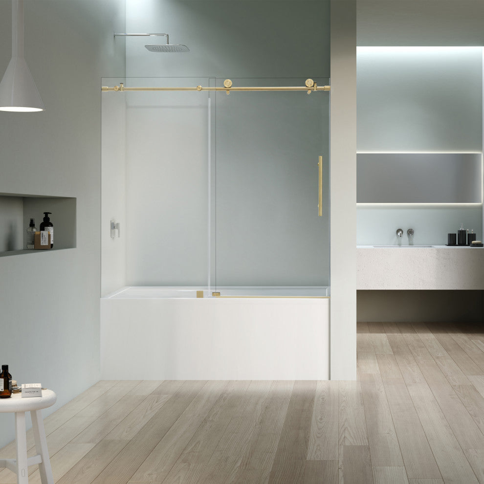 56"“60"Wx76" Frameless Sliding Shower Door With Clear Glass, Titanium Gold