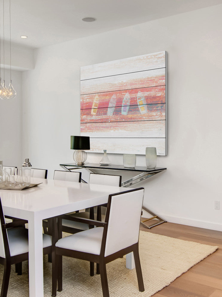 "Four Small Boats" Painting Print on White Wood, 40"x40"