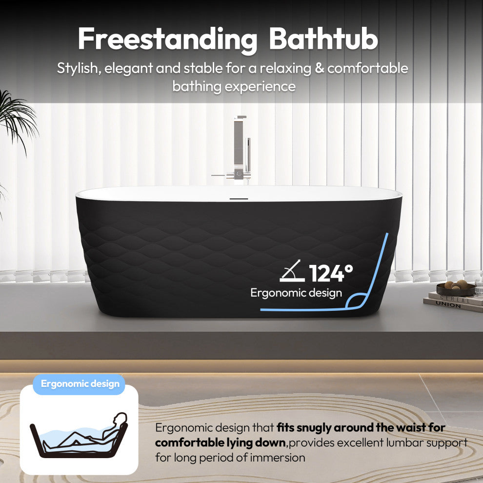 London Freestanding Acrylic Soaking Bathtub, Black, 66.9"l X 31.5"w