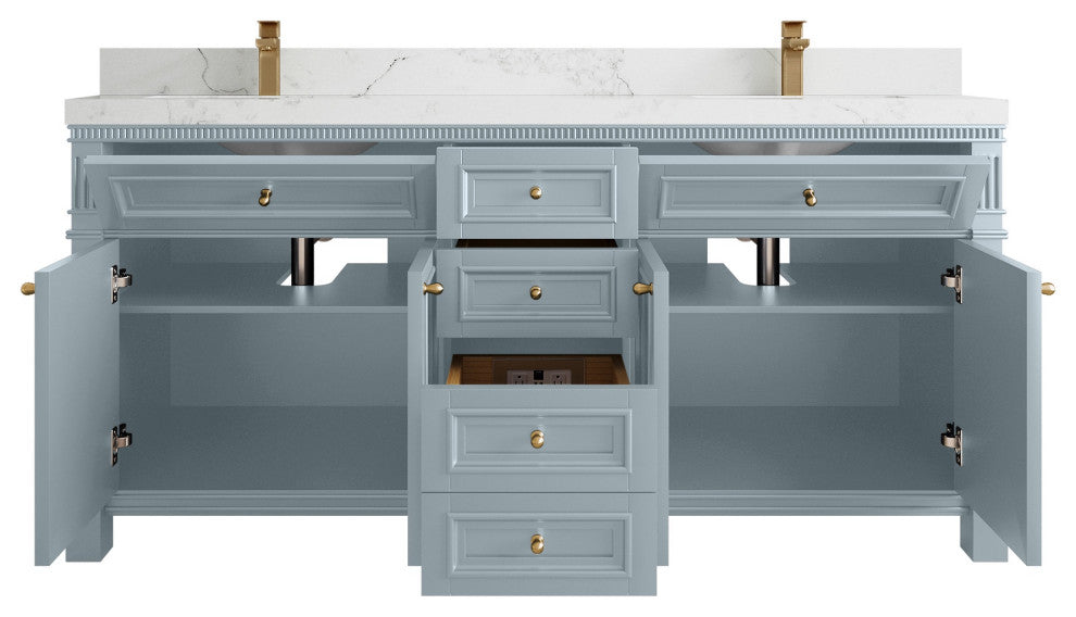 Paris 72" Double Sink Bathroom Vanity, Blue Heather 2" Calacatta Nuvo