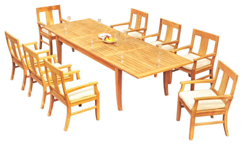 9-Piece Outdoor Teak Dining Set, 122" X-Large Rectangle Table, 8 Osbo Arm Chairs