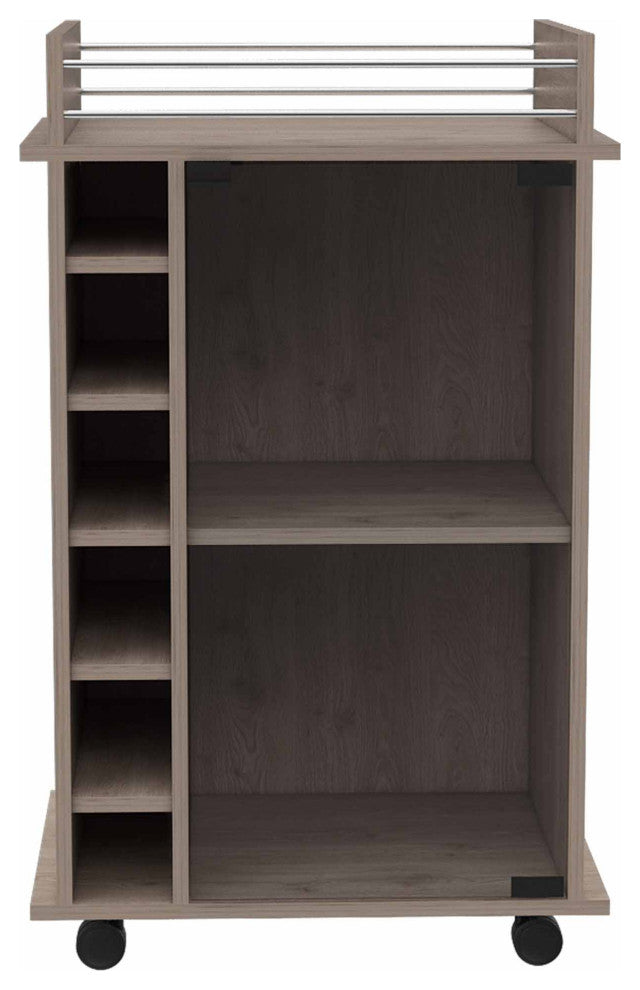 Vegas Bar Cart with Glass Door, 6 Wine Cubbies, and 2 Inner Shelves, Light Grey