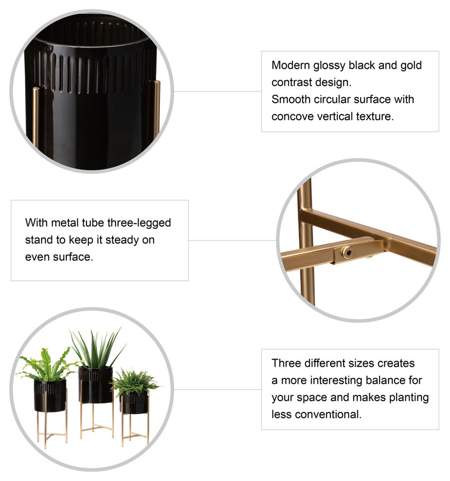 Set of 3 Modern Glossy Metal Plant Stands, KD, Black / Gold