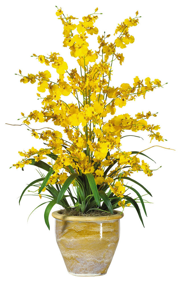 Triple Dancing Lady Silk Flower Arrangement, Yellow