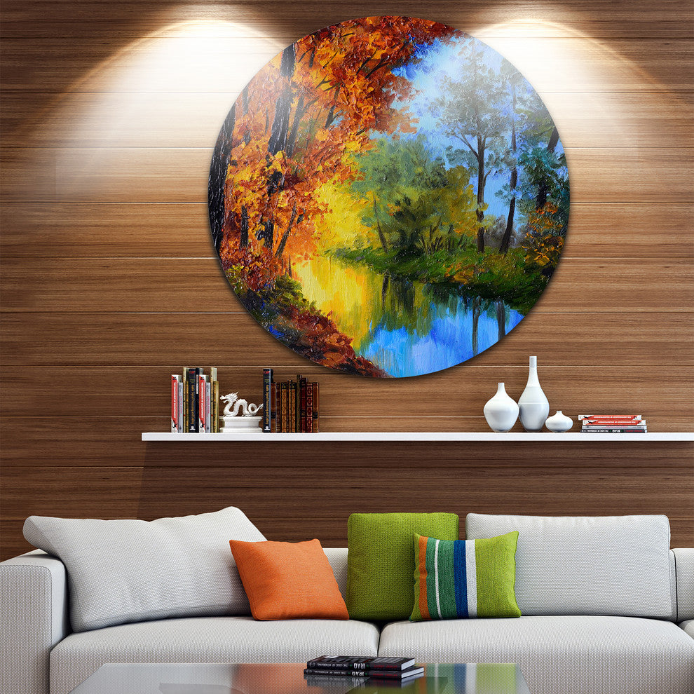 Autumn Reflecting In River, Landscape Disc Metal Wall Art, 11"