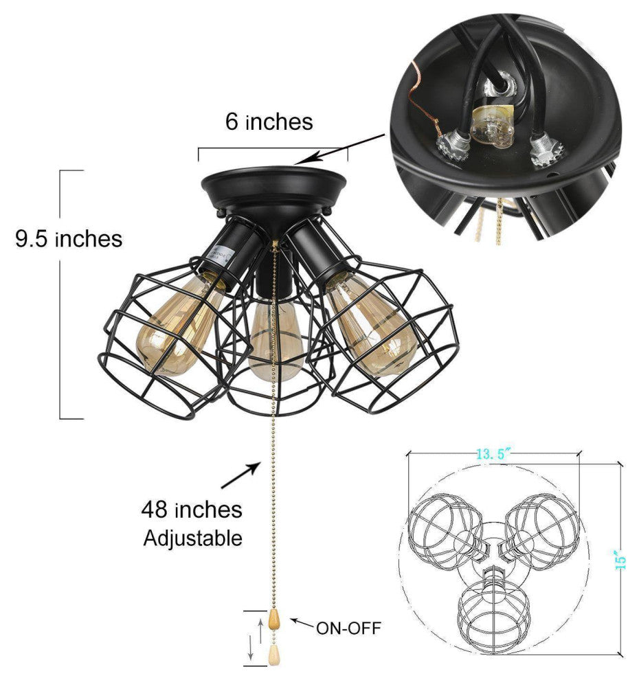 LNC 3-Light Industrial Pull-String Ceiling Lamp, Matte Black