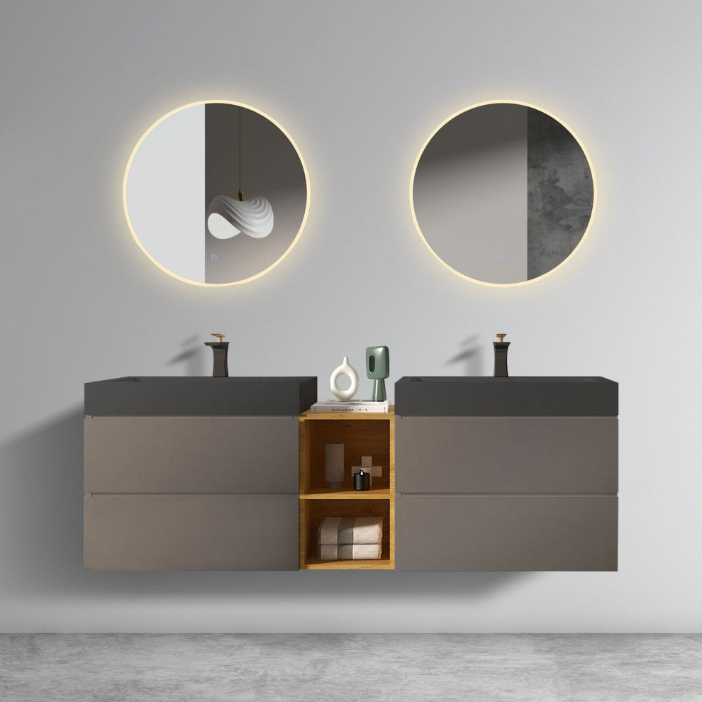 Wall-Mounted Bathroom Vanity with Double Sinks and Open Shelf, Light Gray, 72"
