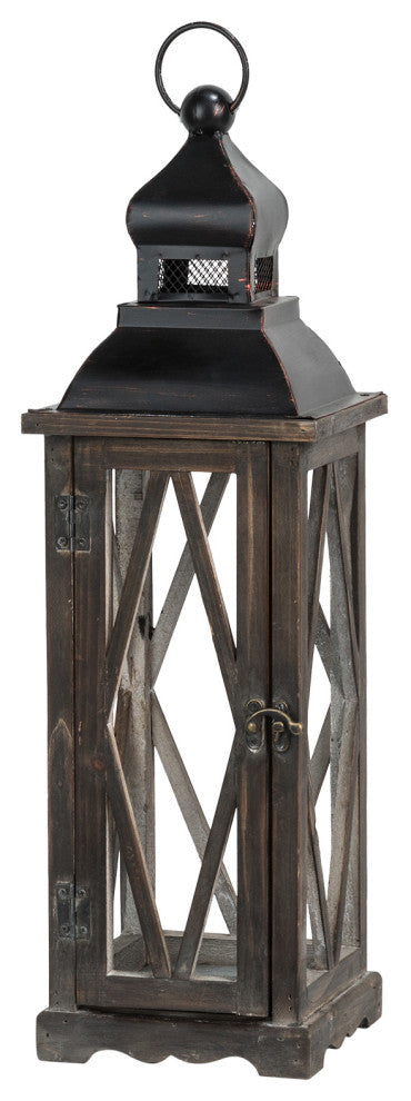 Farmhouse Wood Metal Lanterns Set of 2, Black