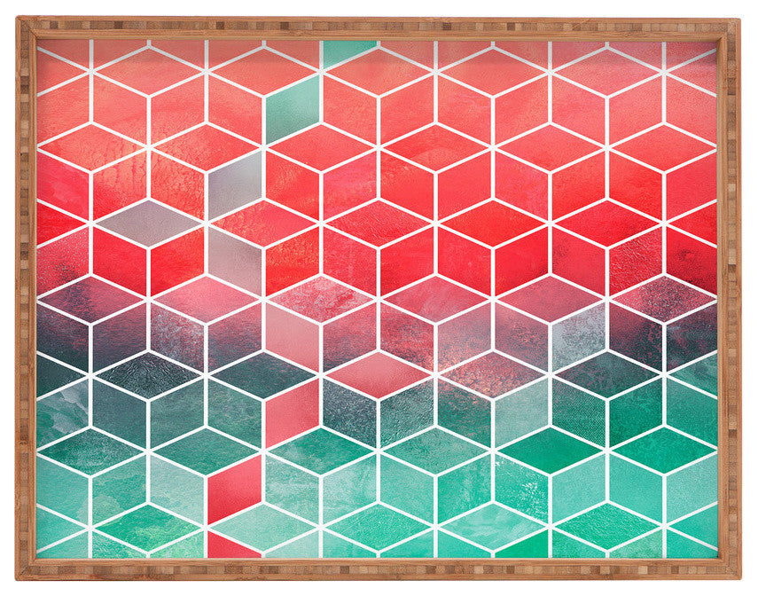 Elisabeth Fredriksson Rose and Turquoise Cubes Rectangular Tray, 18"x14"