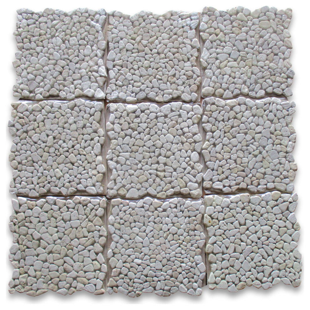 Non Slip Shower Floor Tile Tumbled Pebble Stone Travertine Giallo, 1 sheet