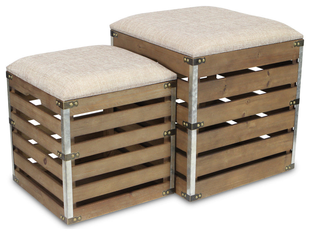Set Of 2 Square Wood Slat Storage Bench With Metal Accent And Cushioned Lid