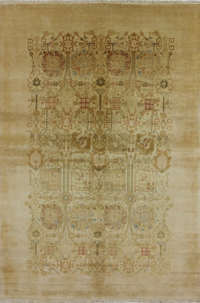 Oushak Style Ivory Hand-Knotted Chobi Peshawar Oriental Wool Rug, 6'x9'