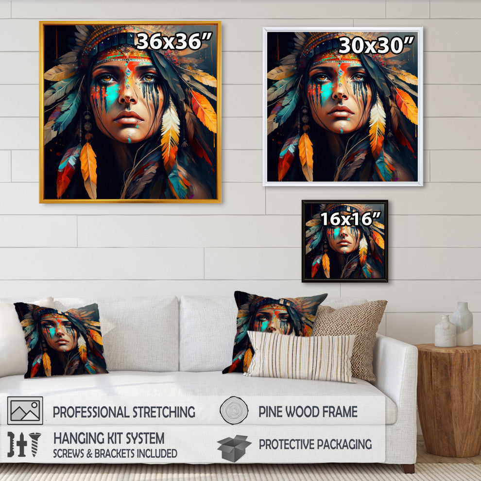 Colorful Native American Woman III Framed Canvas, 16x16, Black