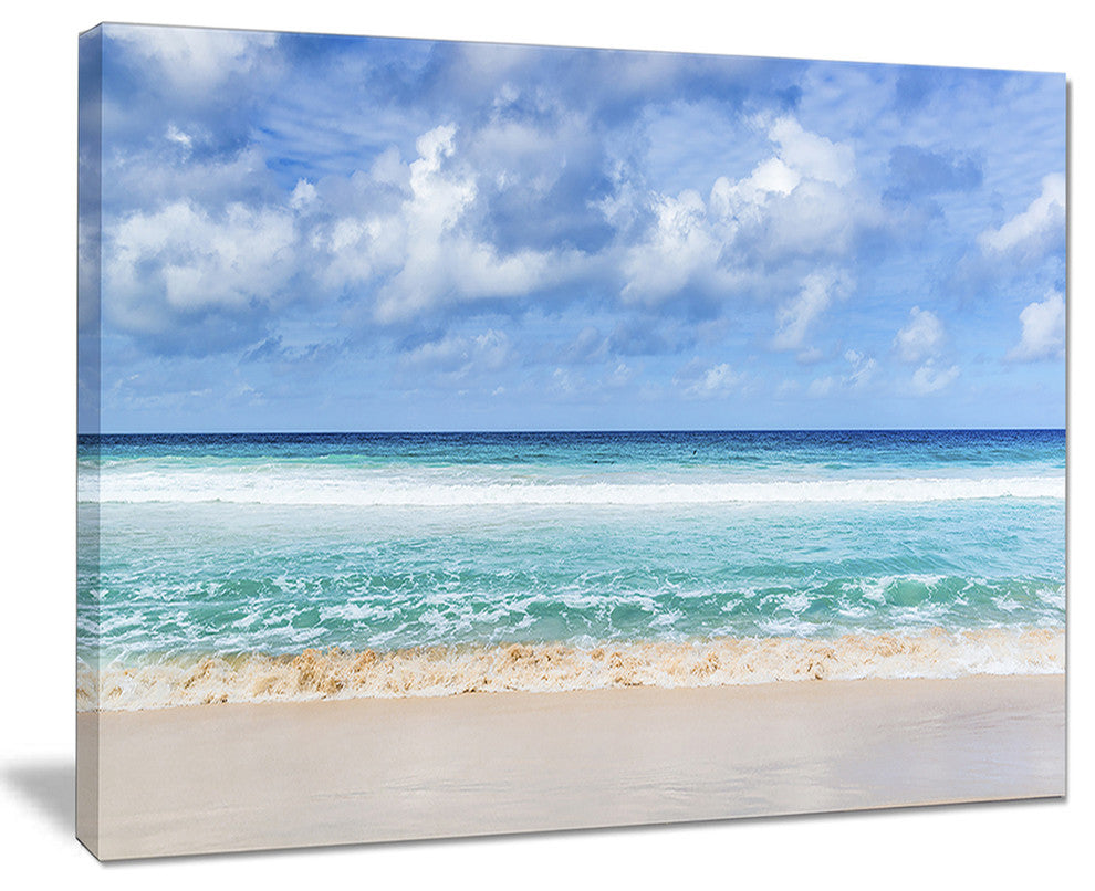 "Tranquil Beach Under White Clouds" Modern Seascape Canvas Artwork, 40"x30"
